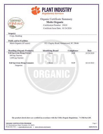 Organic Certificate Summary Metts Organix CBD Oil Tinctures and Hemp gummies