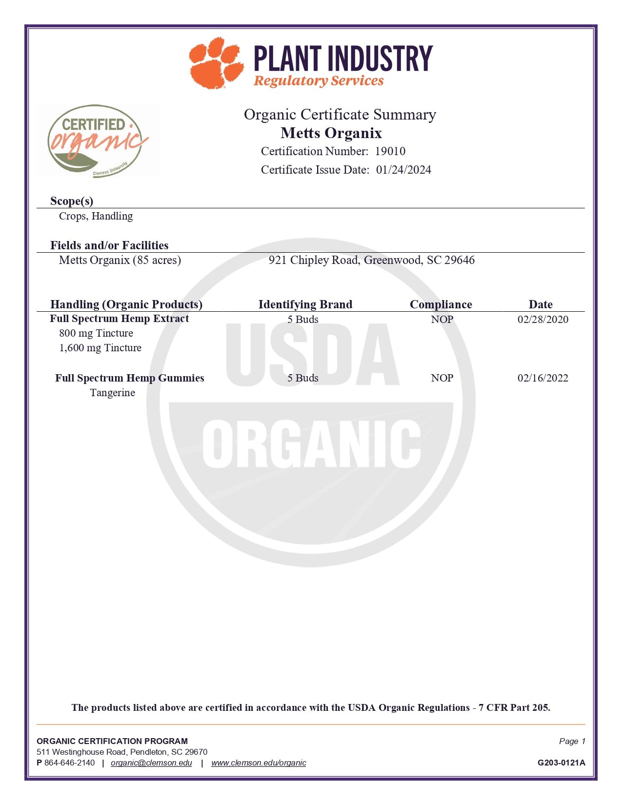 Organic Certificate Summary Metts Organix CBD Oil Tinctures and Hemp gummies