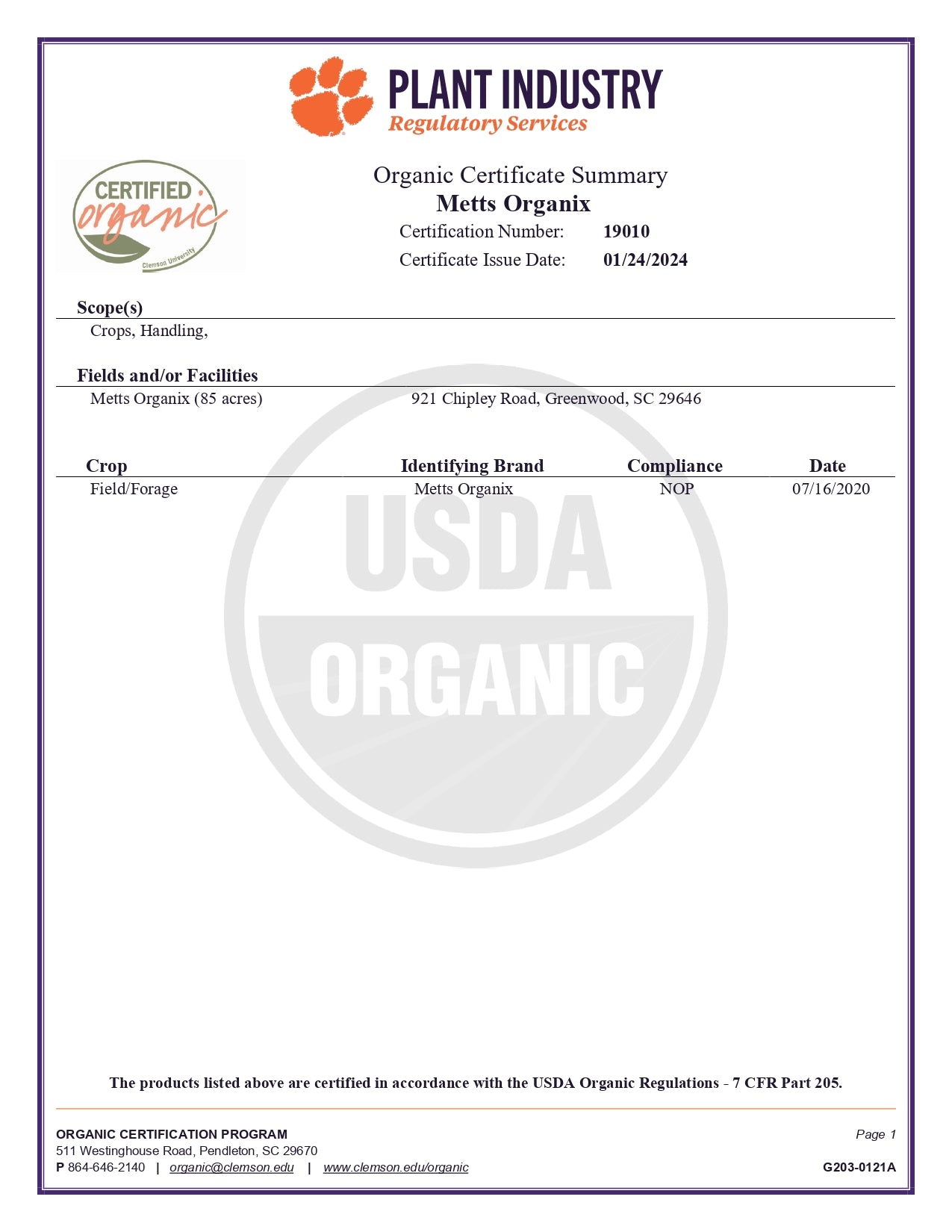 Organic Certificate Summary Metts Organix